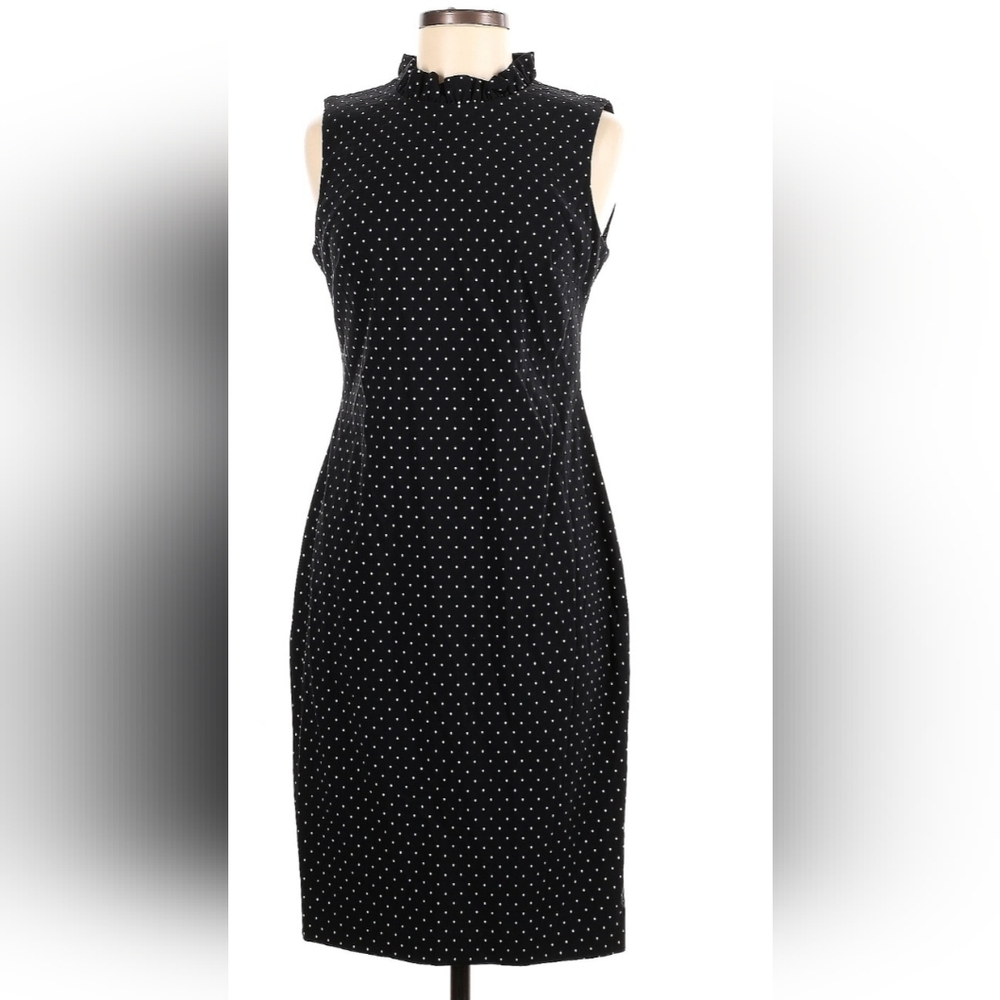 CALVIN KLEIN Stretch Black White Polka Dot Ruffle Collar Dress Size 4